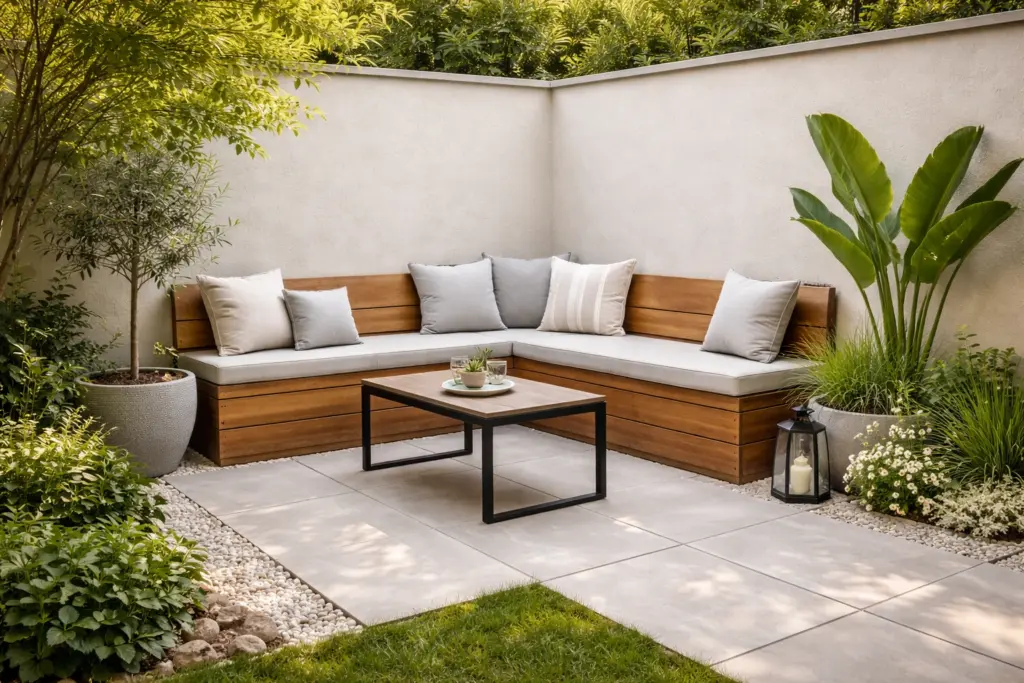 Backyard with built-in bench seating to save space