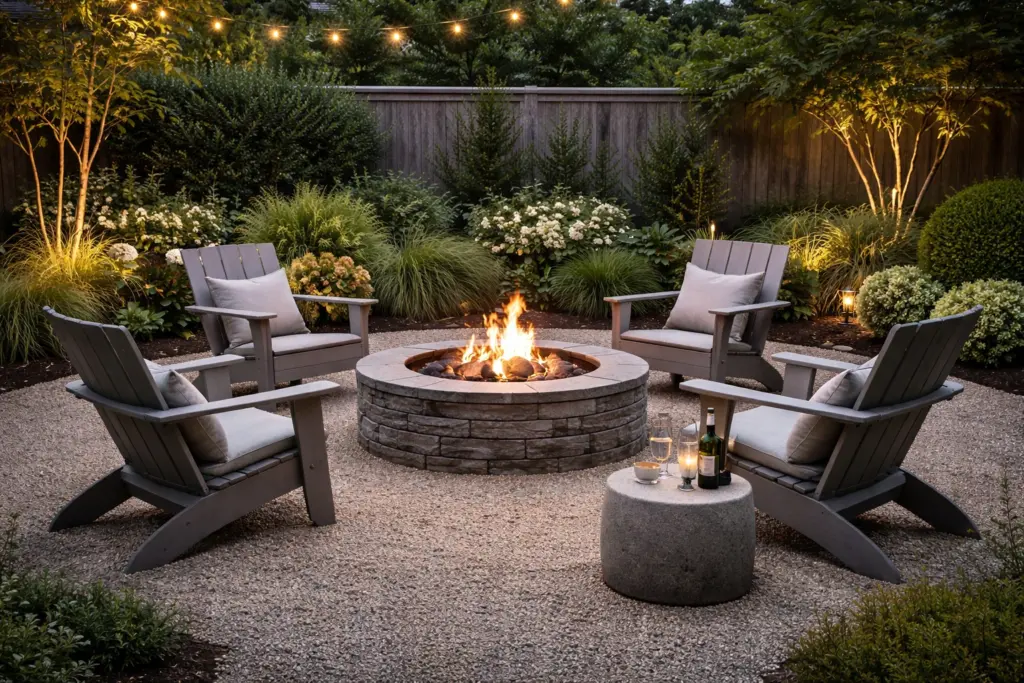 High-end style backyard fire pit with simple seating