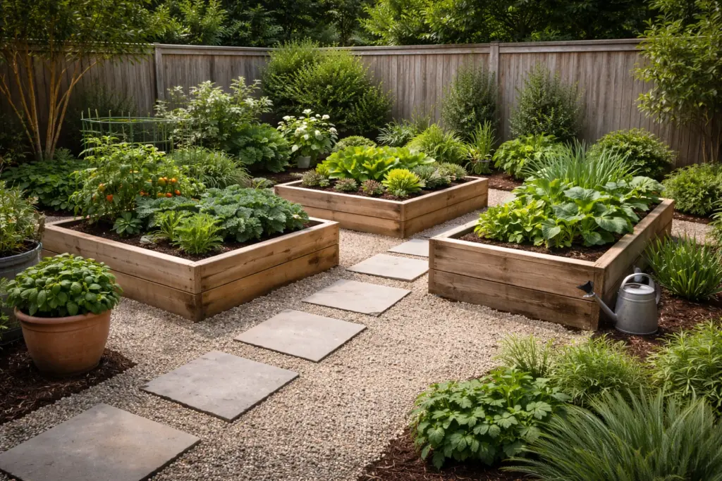 Affordable backyard landscaping with simple garden beds and gravel path