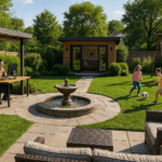 Multi-use backyard with office, fountain, and play