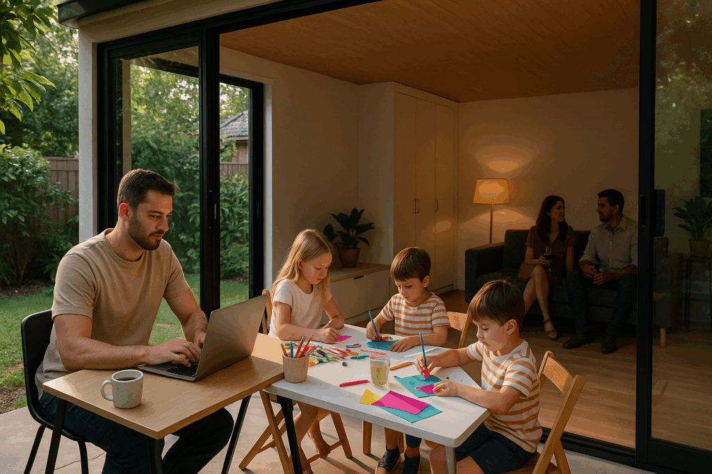 Family using versatile backyard studio all day