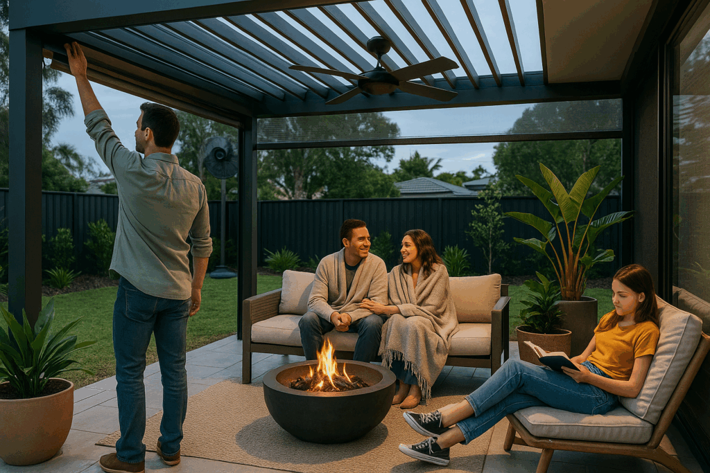 People enjoying outdoor pergola space with fire pit.