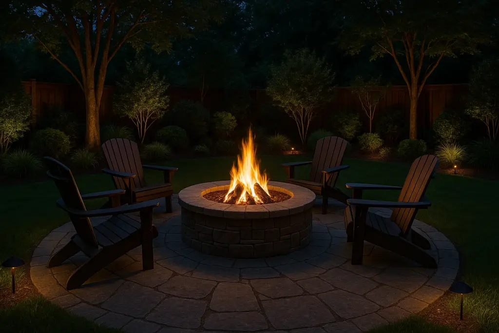 Backyard fire pit with evening seating