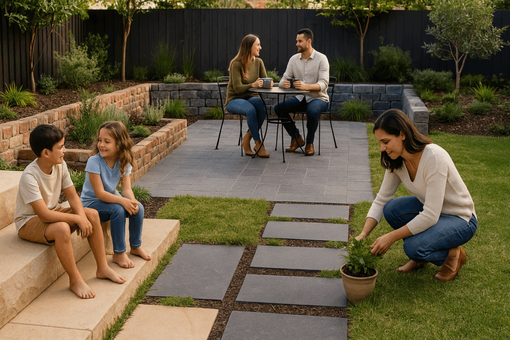 People enjoying garden with natural stone designs