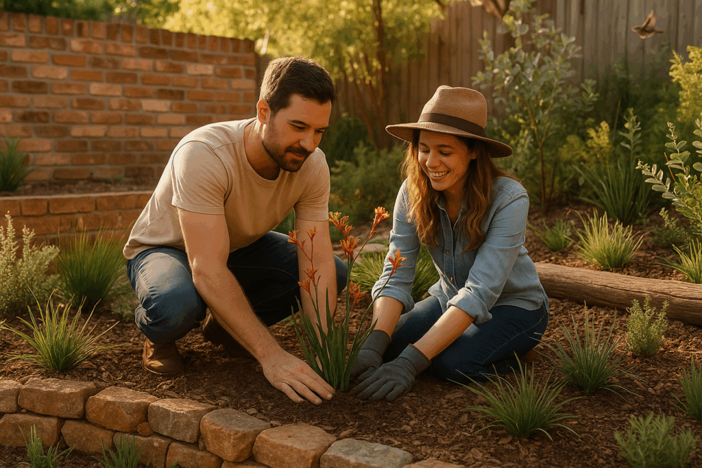 Native plants with stone and timber garden