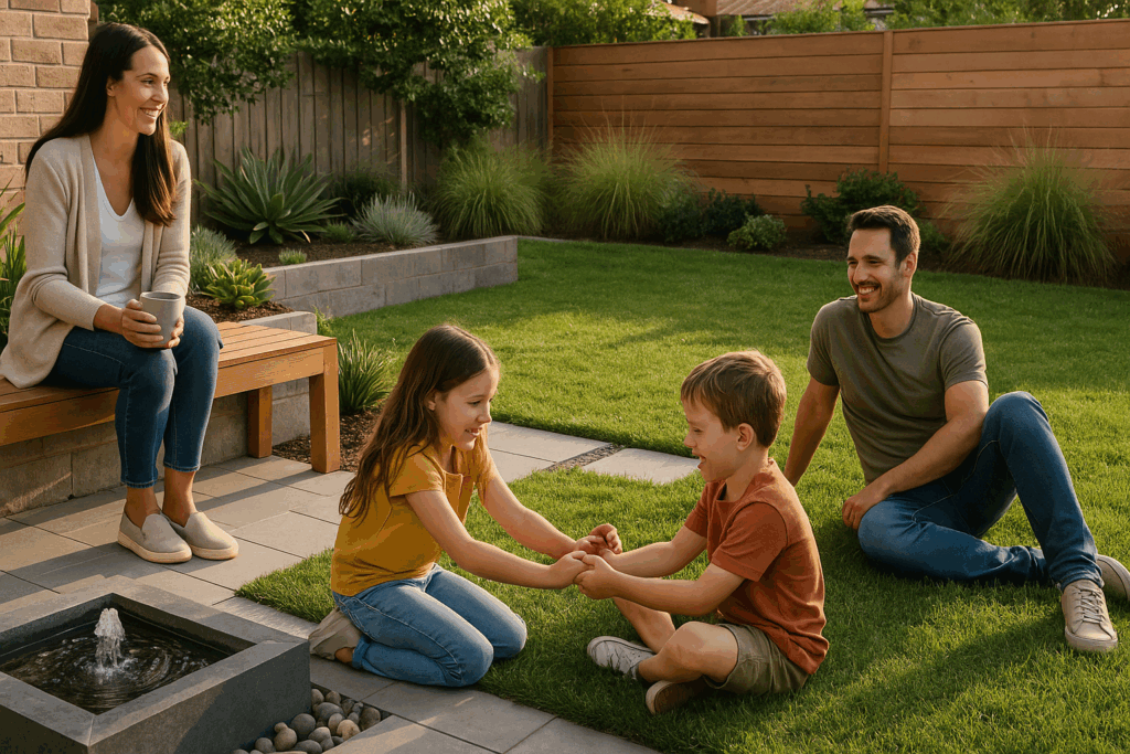 Family enjoying low-maintenance modern backyard