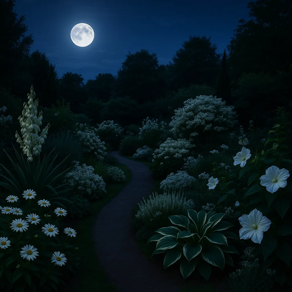 Moonlit garden with glowing white flowers.